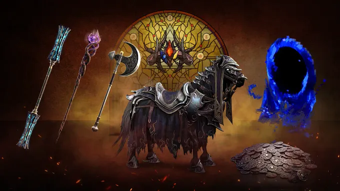 Diablo 4 Season 15 Free Reliquary with weapons, mount, and portal