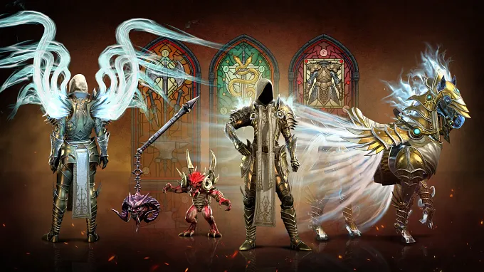 Diablo 4 Season 15 Reliquary paid cosmetics with Diablo Pet, incredible wings, and mounts