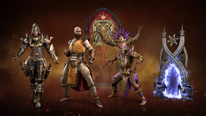 Diablo 4 Season 15 Armor Reliquary with skins for the Rogue, Spiritborn, and Sorcerer, and a portal
