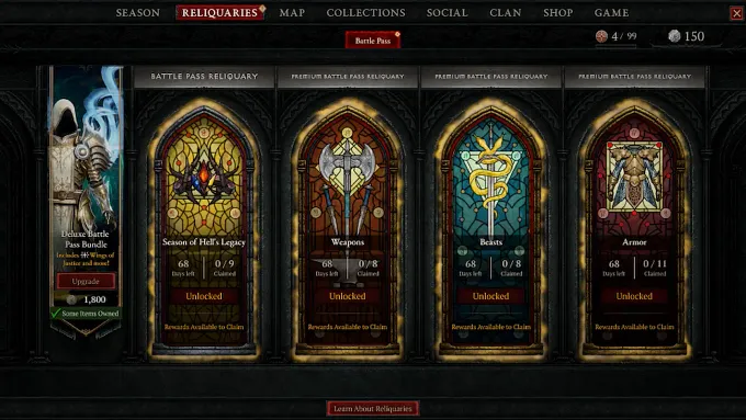 Diablo 4 Season 15 Reliquary menu showing all the different Battle passes you can obtain