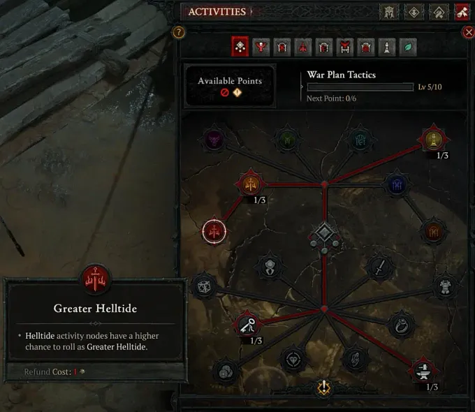 Diablo 4 Season 16 War Plan Tactics showing the new nodes, bonus to helltides and other activities
