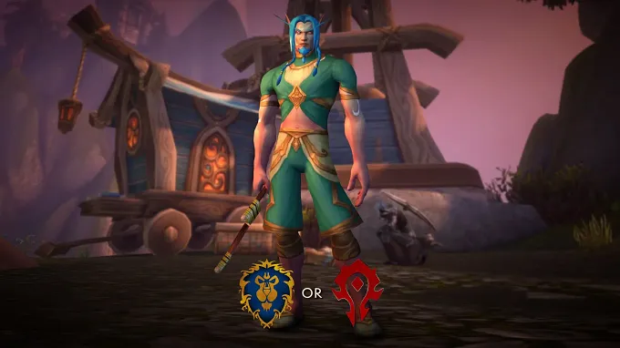 WoW Forever Skyborn male character in front of a building with the choice between Horde and Alliance