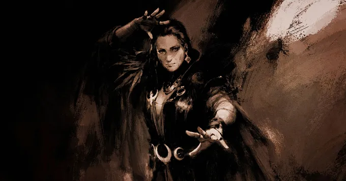 A sepia-toned painting of a Sorceress launching spells