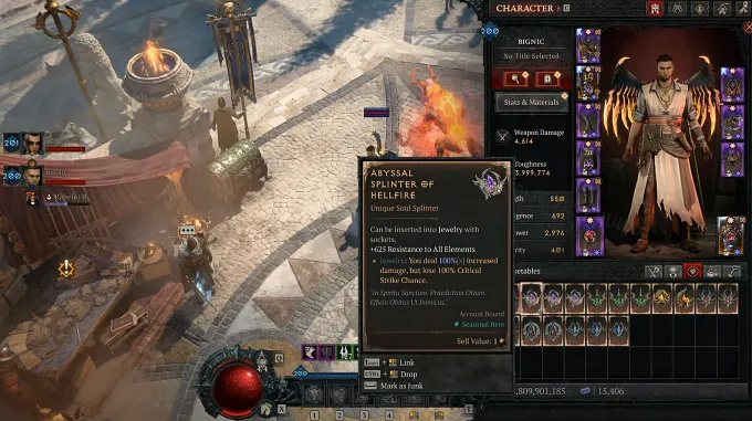 Diablo 4 Season 15 PTR example of the Soul Splinter of Hellfire Unique