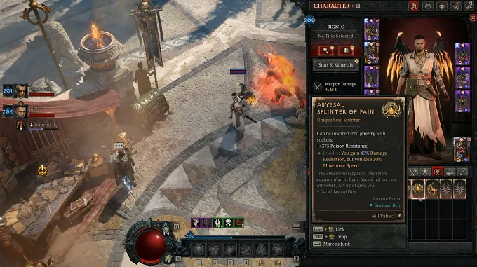 Diablo 4 Abyssal Splinter of Pain tooltip, a Unique Soul Splinter granting 40% Damage Reduction but losing 30% Movement Speed