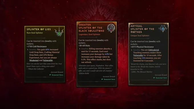 Diablo 4 Season 15 Soul Splinters available during PTR with the Splinter of Lies, Black Soulstone, and of the Mother