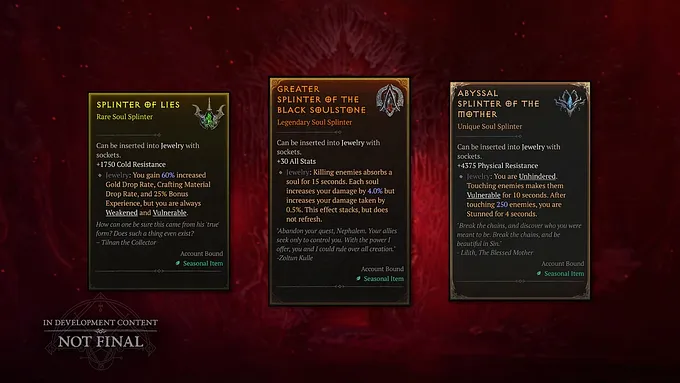 Diablo 4 Season 15 Soul Splinters with examples of Splinter of Lies, Black SOulstone, and The Mother