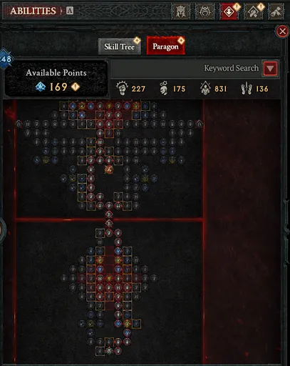 The starter Paragon board shown within the Character ability menu.