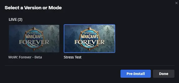 WoW Forever battle net menu showing how to select the Stress Test server