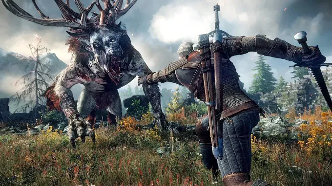 The Witcher 3 Wild Hunt Geralt fighting a Fiend beast with his monster sword. The background is filled with mountains and it looks as though a storm is approaching.