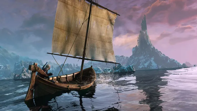 The Witcher 3 Geralt sailing to Skellige on a boat on the water.