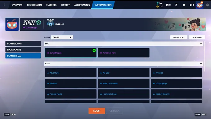 Overwatch menu showing player customization with the titles on display