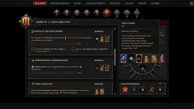 Diablo 4 Season 14 Rank VI rewards screen with the Greystone pet shown on the right.