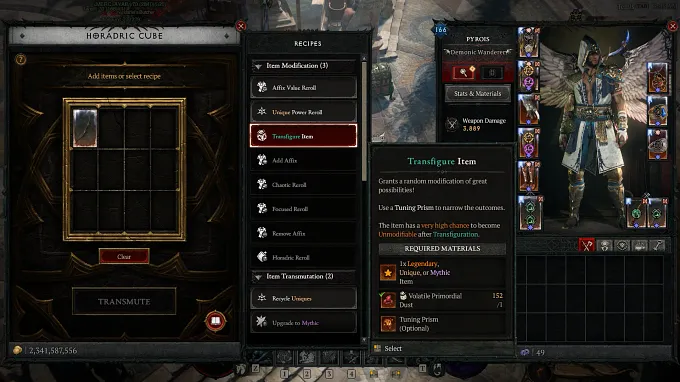 Diablo 4 Horadric Cube showing the Transfigure recipe details