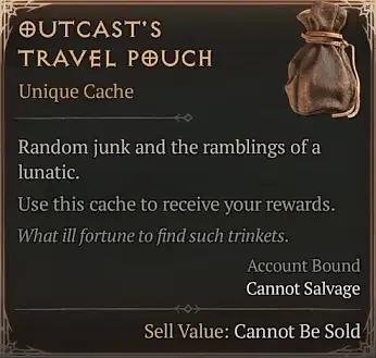 Diablo 4 Tooltip of the Outcast's travel pouch unique cache