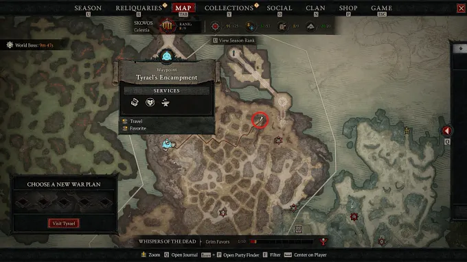 Diablo 4 world map showing the way from Tyreal's Encampment all the way to the Altar of Heifer in Skovos
