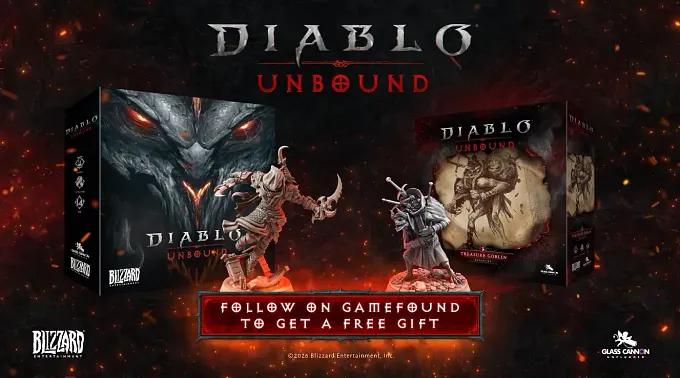 Diablo: Unbound tabletop game box and the Goblin expansion game box, with the Rogue and Treasure Goblin MIniatures