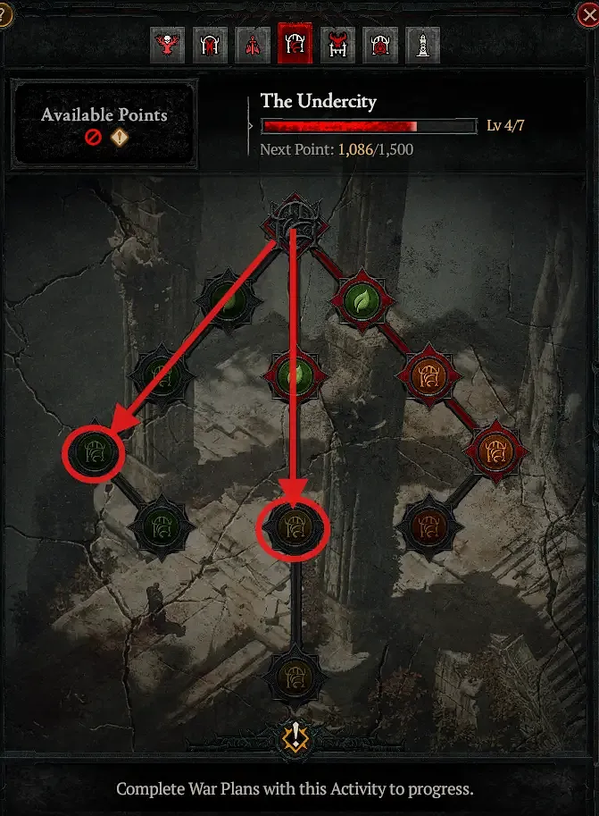 Diablo 4 Kurast Undercity War Plan nodes showiung the way on the left and middle towards Portal Pranksters and Cabochon Merchant
