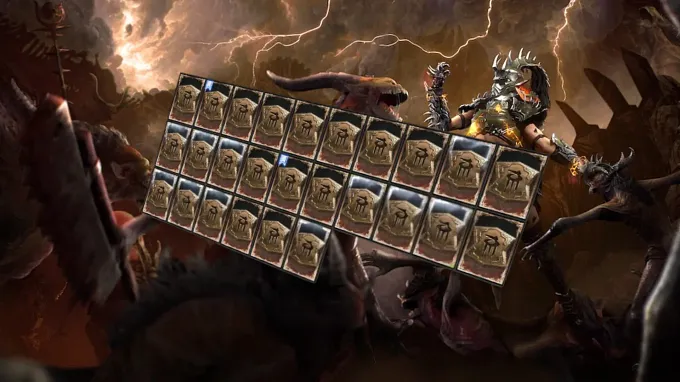 Diablo 4 Character with demons in the background, with a set of Unique charms in the front
