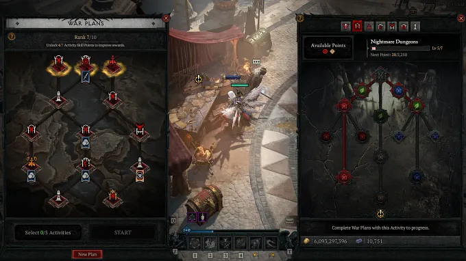 Diablo 4 War Plan menu with plan on the left and trees on the right side