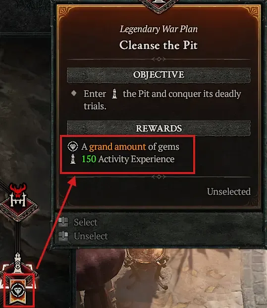 Diablo 4 War Plan node showing the bous Gems that can appear on an activity