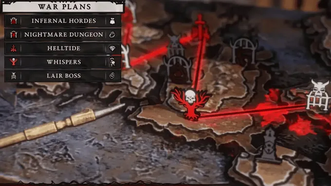 Diablo 4 War Plan artwork with zoomed in map of a war plan with lines going from activity to activity