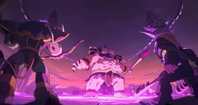 Warpath AMV launch trailer showing an arena with two characters fighting against a two-headed giant