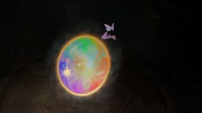 Diablo 4 Cuddly Conduit town portal cosmetic with its little butterflies flying aorund it and the rainbow portal skin