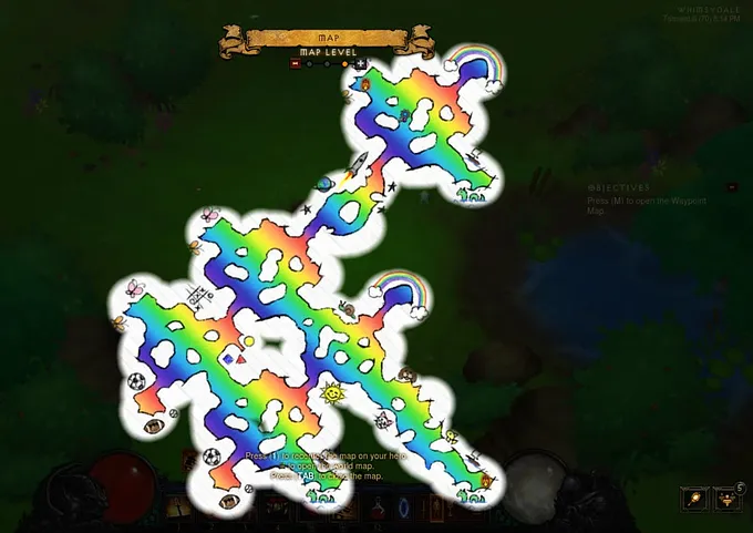Diablo 3 Whimsydale map overlay with rainbow-colored paths, fluffy clouds, and cartoon doodles.