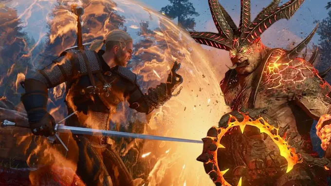 The Witcher 3 Geralt using Quen Sign against the Butcher Demon in Diablo 4