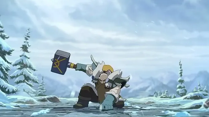 WoW Animation from the AMV launch trailer for Forever, with the Dwarf in Hero pose, hammer raised, looking angry, in a snowy area