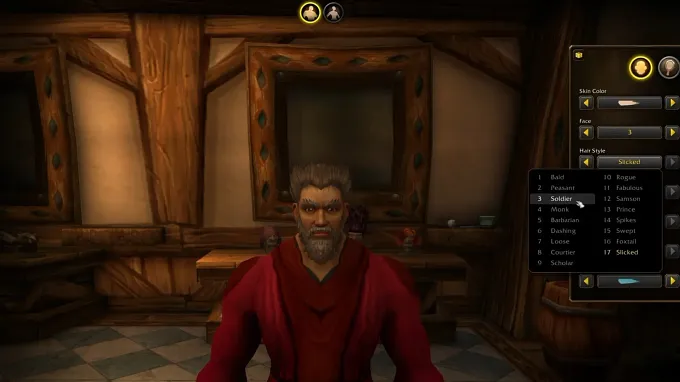 WoW Forever male character sitting at the barber have a soldier type haircut with the options displayed on the side
