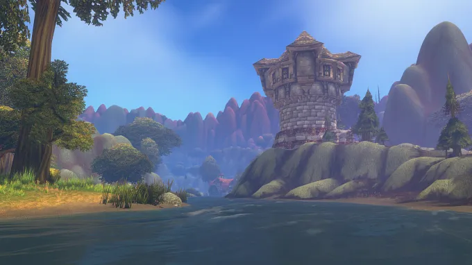 WoW Forever Riverglades zone showing a river through the forest with a tower/fortress tower on the right side and mountains in the background