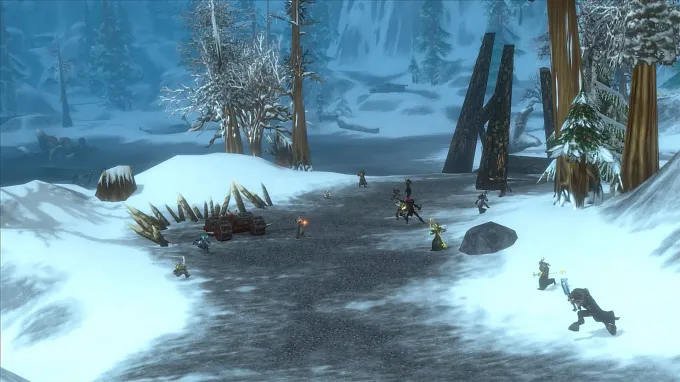 WoW Forever battlegrounds with characters fighting each other in a snowy area in the middle of the forest