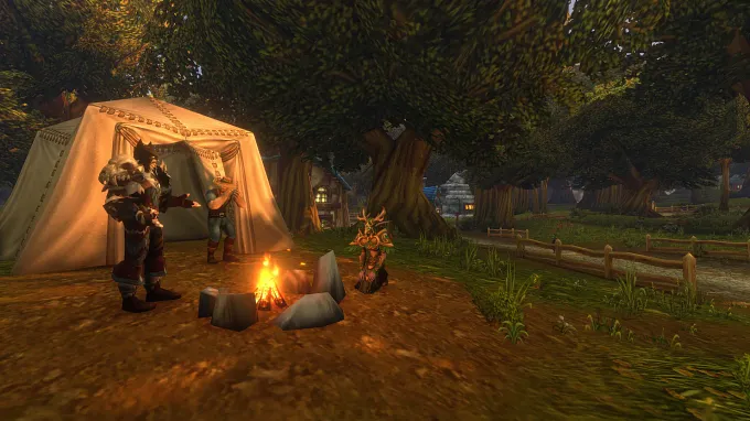 WoW Forever campfire site with three characters resting around it, a tent nearby, in the middle of a forest
