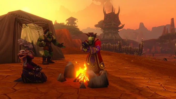 WoW Forever camping time with three characters around a campfire in front of a tent in the desert with enemy camps behind