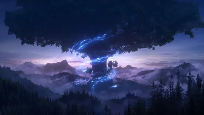 WoW Forever huge tree with shiny particles around it, on top of a forest with glooming atmosphere
