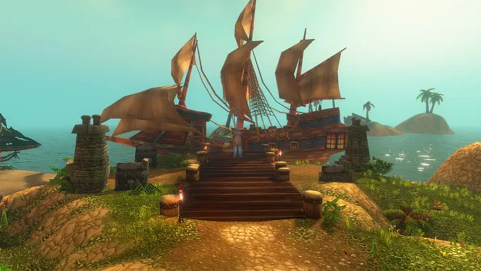 WoW Forever Darkspear Island with a boat on the dock, a character coming out, more islands in the background