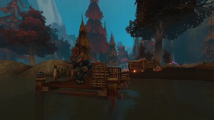 WoW Forever Blackmaw Hold dungeon located in Azshara, with a character fishing on a pond in the middle of the forest