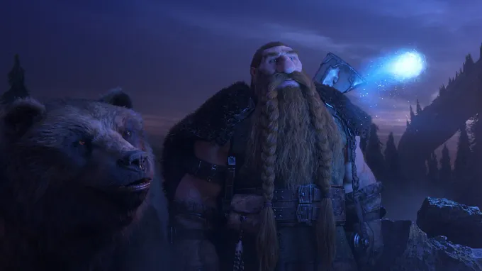 WoW Forever Dwarf with his Bear companion in the night sourrounded by forest and a light floating around them