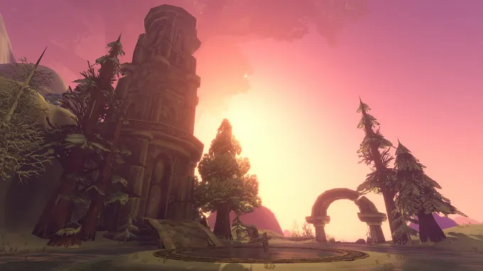 WoW Forever Mount Hyjal with the sun setting down, a small gate and a tower building on the left, and pine trees around it