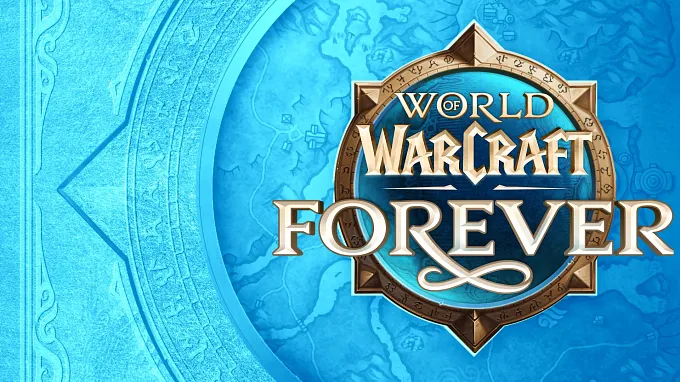 World of Warcraft: Forever logo on the right, a gold compass-style emblem around a blue globe, set against a bright blue map and an engraved stone ring on the left.