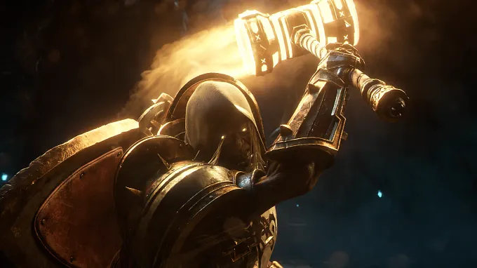 WoW Forever Forsaken Paladin in a hooded cloak and spiked plate armor, raising a glowing golden hammer behind a battered shield against a dark background.