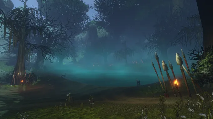 WoW Forever Shendralas zone showing a gloomy forest with shiny shrooms and trees and foggy water