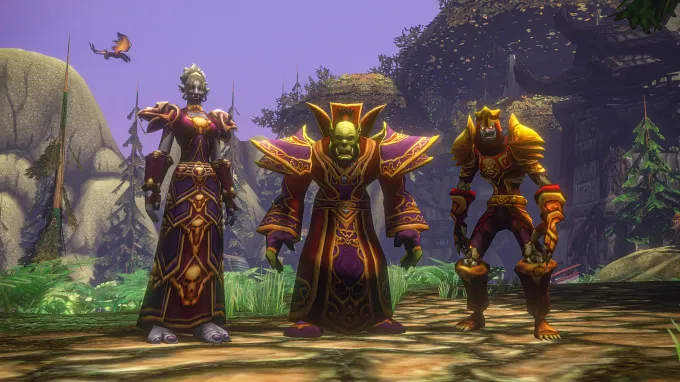 WoW Forever image of three characters standing in a line in a forest with the mountains in the back and a dragon flying