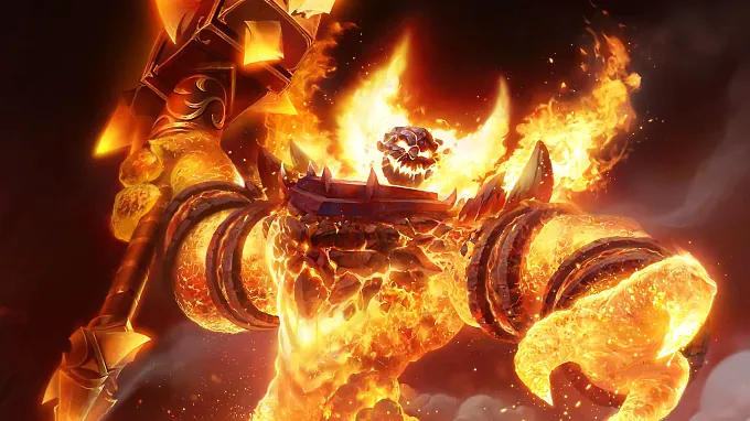 Ragnaros the Firelord wreathed in flames, raising his hammer Sulfuras, in World of Warcraft key art