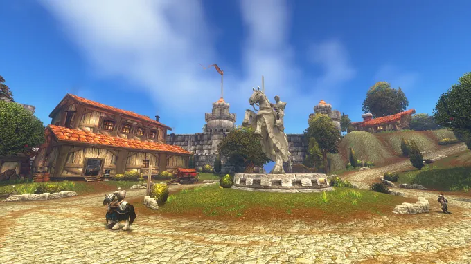 WoW Forever Riverglade statut of the horse in the middle and characters around, and a house in the back