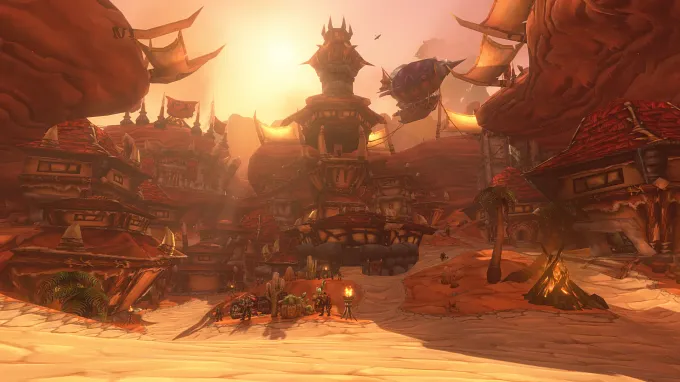 WoW Forever Orgrimmar area with the desert in front, buildings in the back and a few characters