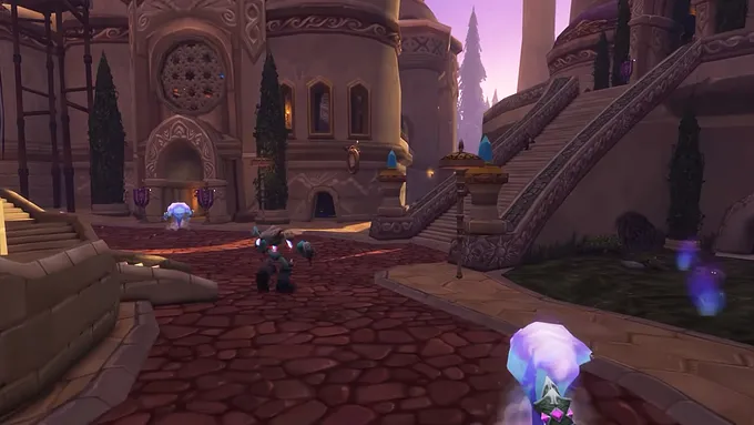 Mechanical construct and floating arcane elementals on a red cobblestone street in the City of Dalaran dungeon in WoW Forever.