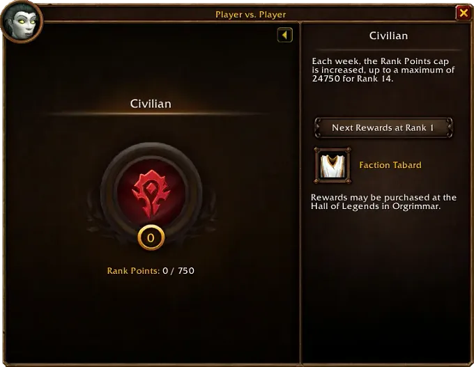 Wow Forever PvP Rank menu showing what you need for next rank and the rewards